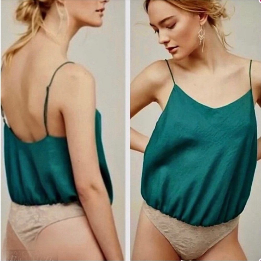 Free People Teal Green Satin Spaghetti Strap Bodysuit